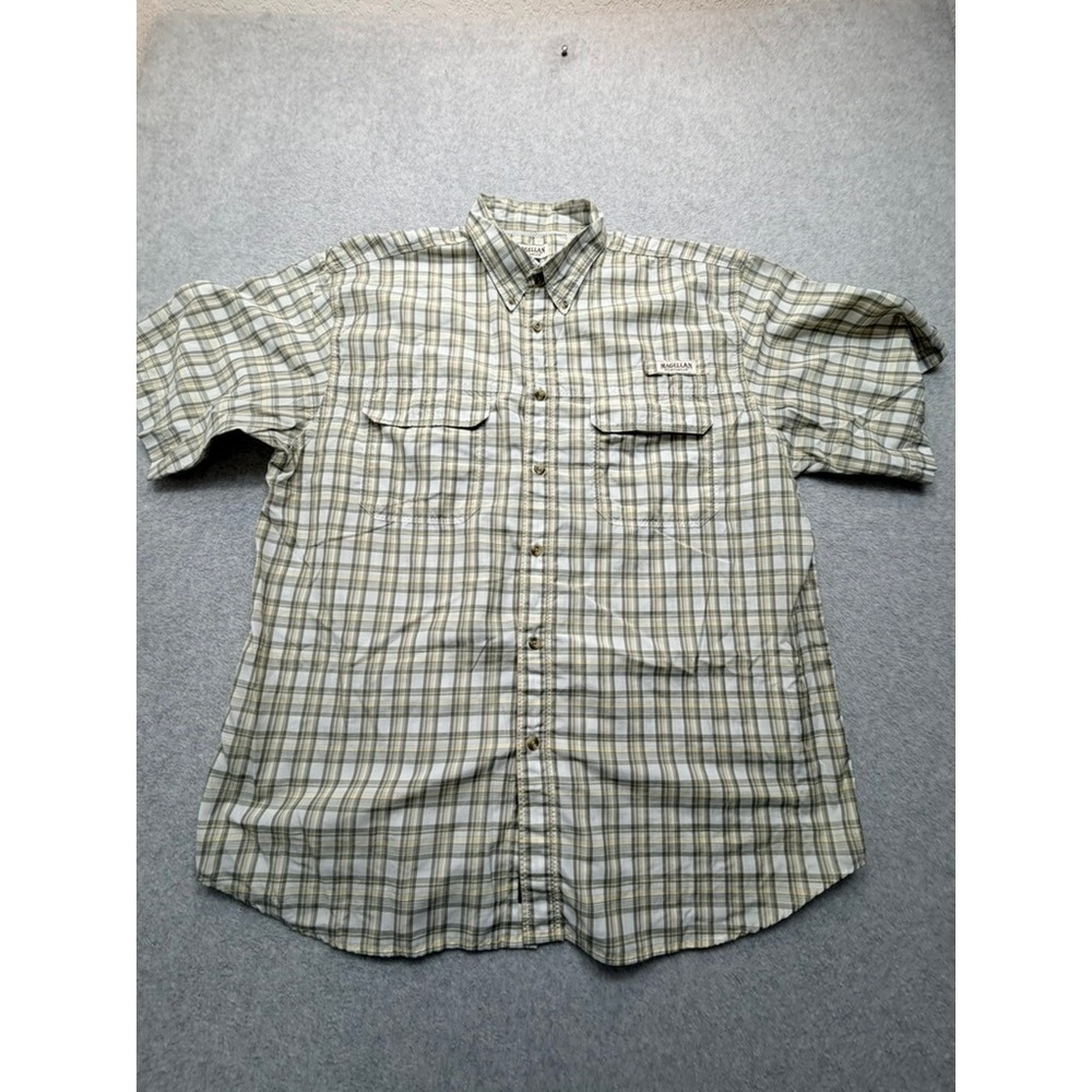 Magellan Sportswear Mens XL Plaid Fishing Shirt Short Sleeve Ventilated Tan Gray